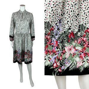 Vintage 70s Floral Dress Women's Small Border Print Pink Keyhole Neckline Sheath